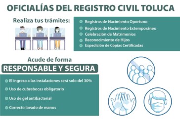 Oficialías del Registro Civil de Toluca reabren con medidas sanitarias