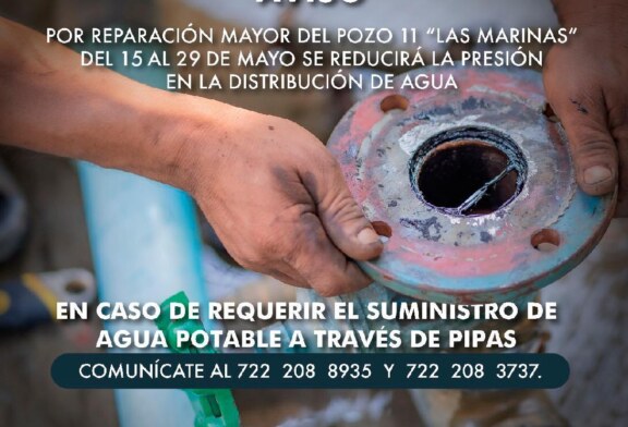 Por reparación urgente de pozo disminuirá la presión de agua en colonia de Metepec