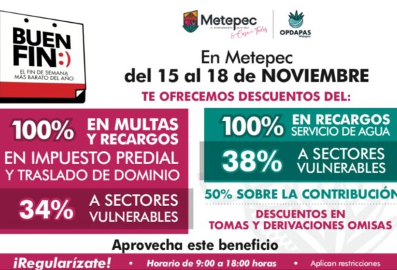 Ofrece Metepec descuentos en predial y agua durante el buen fin